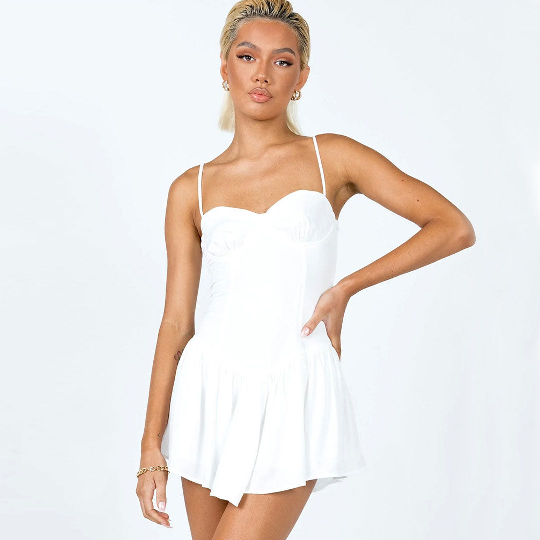 Flattering Ruffle Ruched Trim Mini Slip Sundress - White