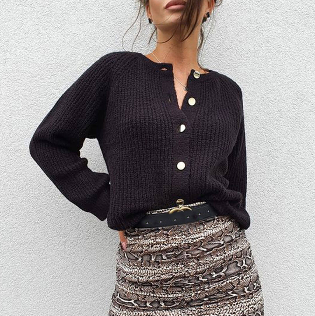 Black Round Neck Gold Button Down Long Sleeve Ribbed Cardigan
