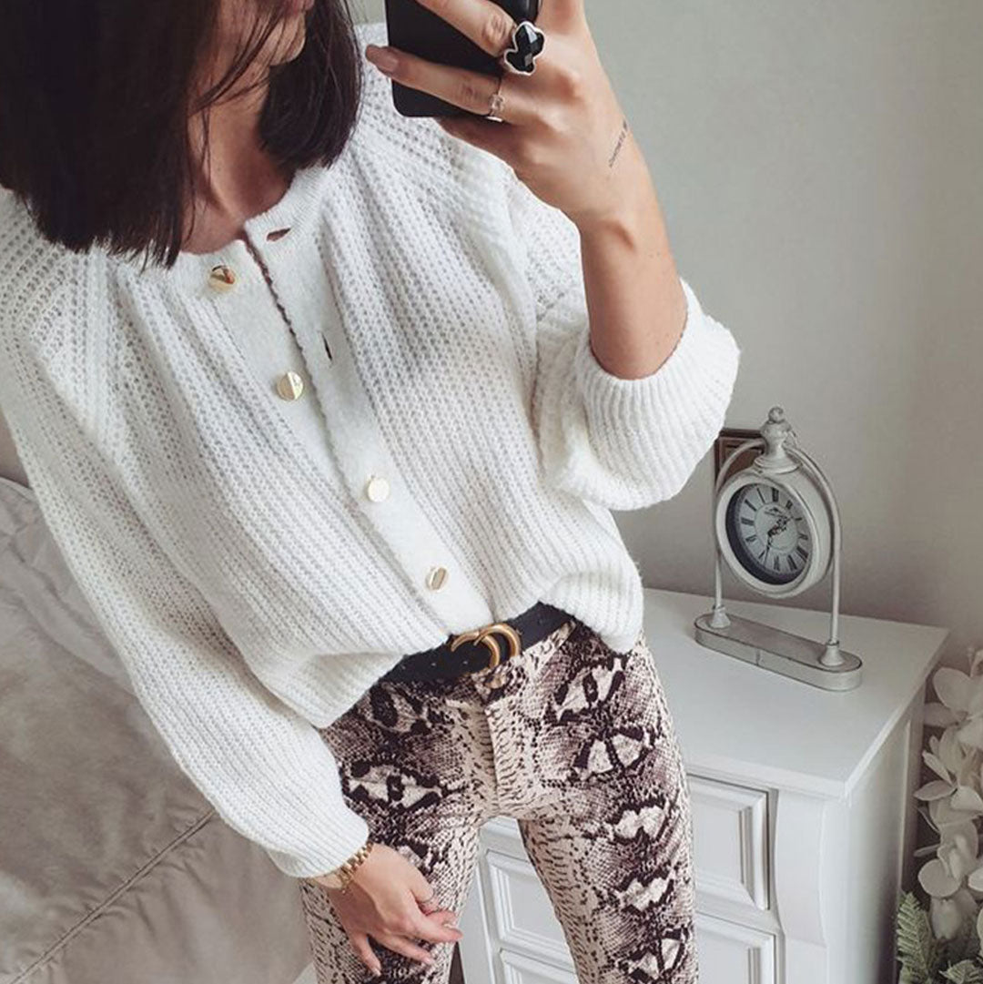 White Round Neck Gold Button Down Long Sleeve Ribbed Cardigan