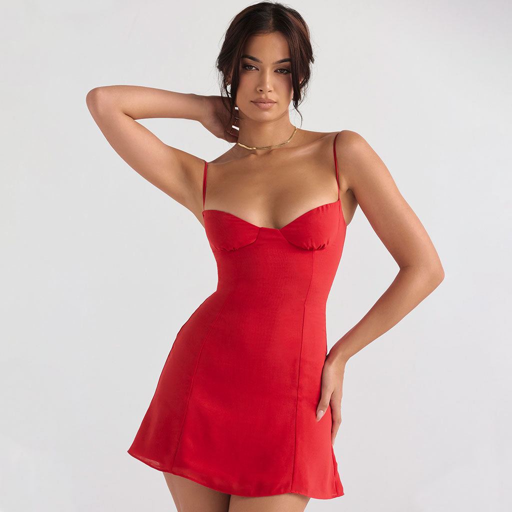 Red Spaghetti Strap Sweetheart Neck Satin Bustier A-Line Mini Dress