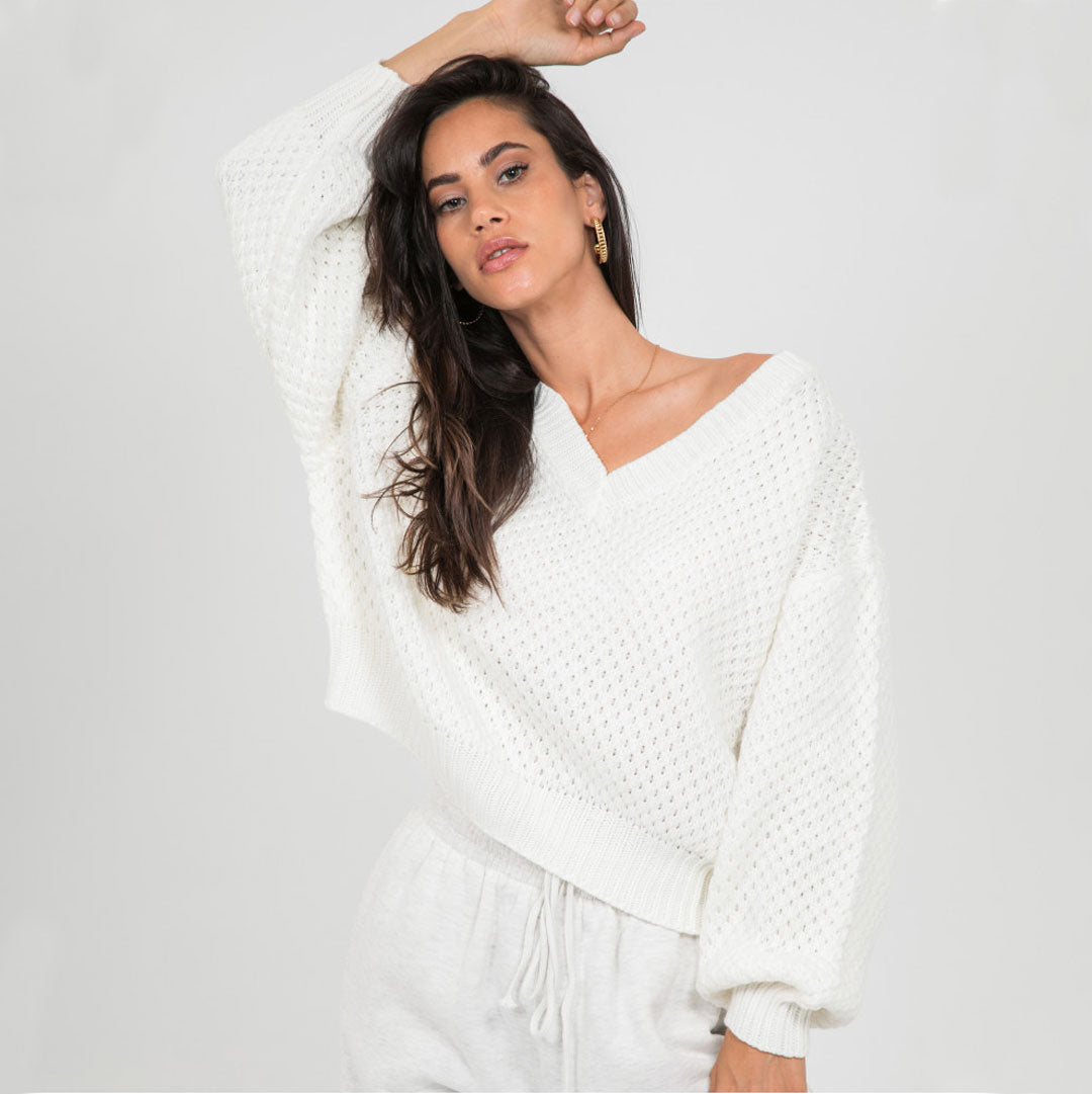 White V-Neck Drop Shoulder Bishop Sleeve Pointelle Knit Sweater