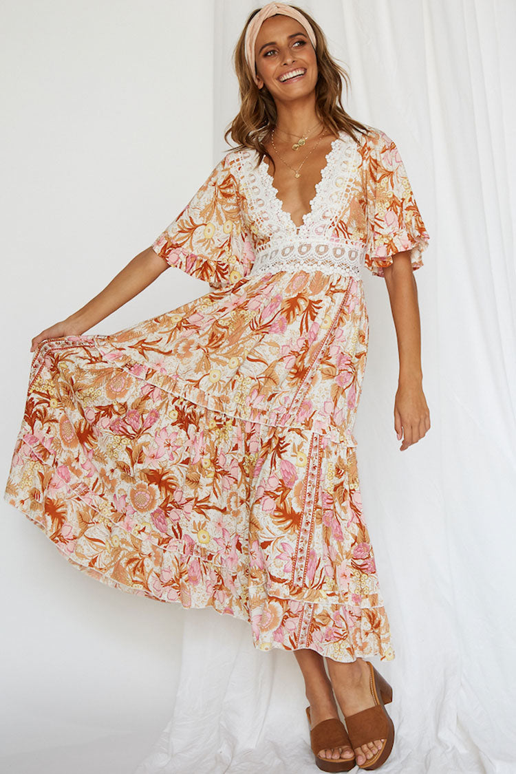 Floral Plunge V-Neck Lace Panel Flutter Sleeve Floral Tiered Maxi Dress