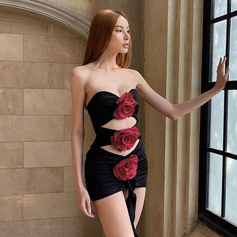 Black Strapless Rose Applique Cutout Ruched Bodycon Mini Dress