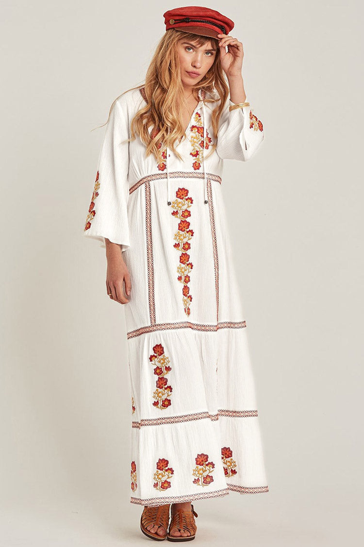 White V-Neck Bell Sleeve Floral Embroidered Boho Tiered Maxi Dress
