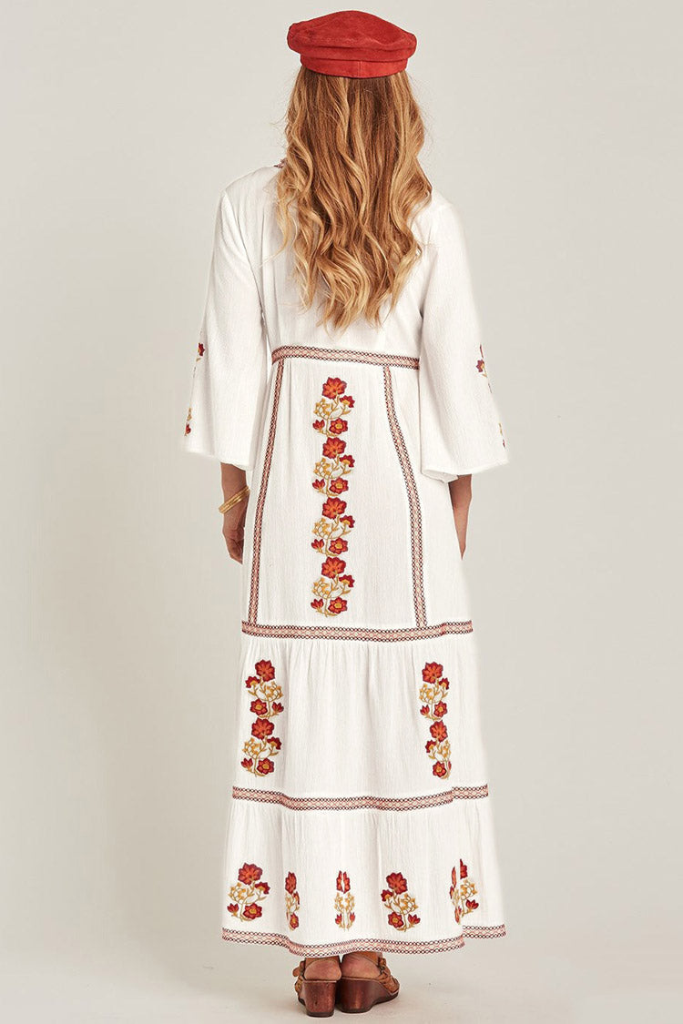 White V-Neck Bell Sleeve Floral Embroidered Boho Tiered Maxi Dress