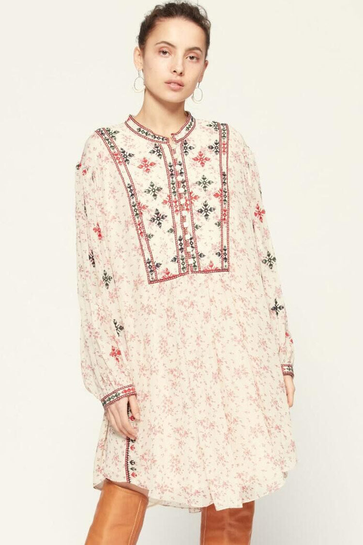 Cream Band Collar Long Sleeve Floral Embroidered Boho Mini Dress