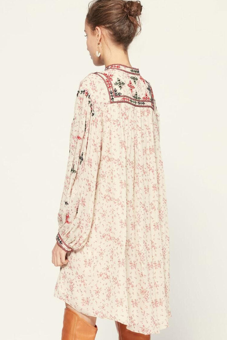 Cream Band Collar Long Sleeve Floral Embroidered Boho Mini Dress