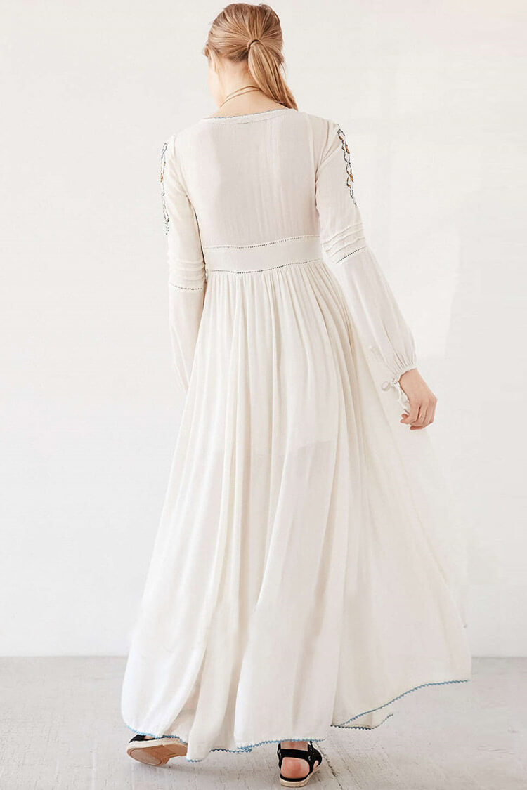 White Deep V-Neck Floral Embroidered Long Sleeve Boho Maxi Dress