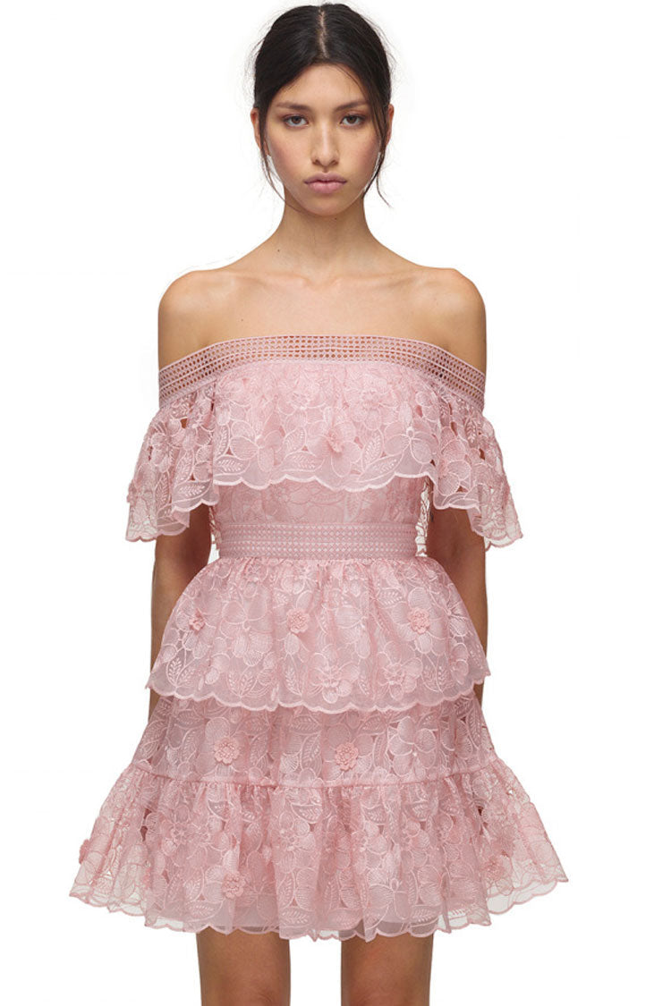 Blush Pink Off-Shoulder Floral Lace Embroidered Tiered Ruffle A-Line Mini Dress