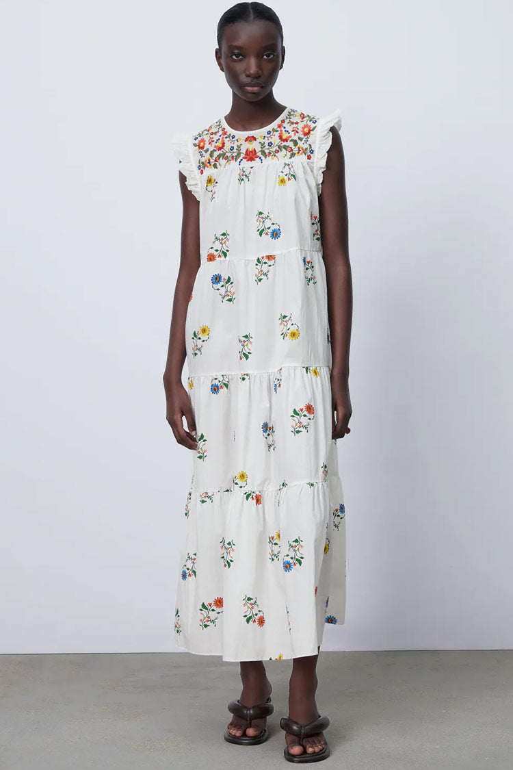 White Round Neck Floral Embroidered Ruffle Flutter Sleeve Tiered Maxi Dress