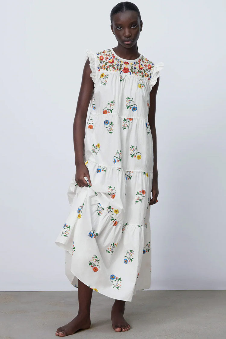 White Round Neck Floral Embroidered Ruffle Flutter Sleeve Tiered Maxi Dress