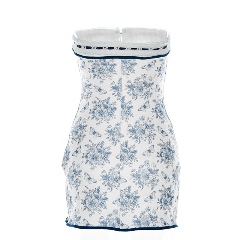 Blue Strapless Floral Print Lace Trim Tie Front Bodycon Mini Dress