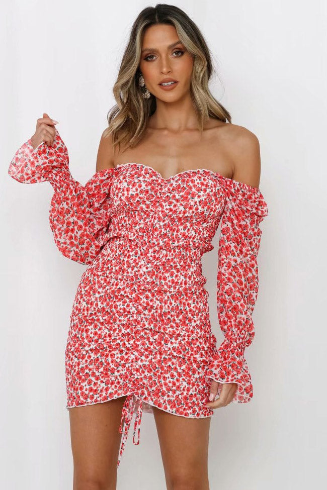 Red Off-Shoulder Floral Puff Long Sleeve Ruched Bodycon Mini Dress