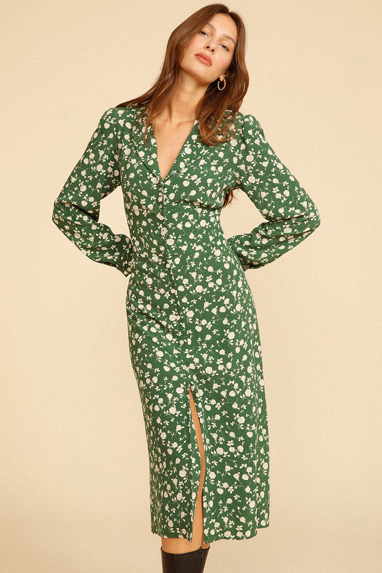 Green Collared Floral Print Long Sleeve Button Up Slit Shirt Midi Dress