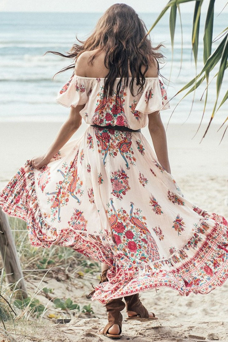 Red Off-Shoulder Floral Print Boho High Low Tiered Ruffle Maxi Dress