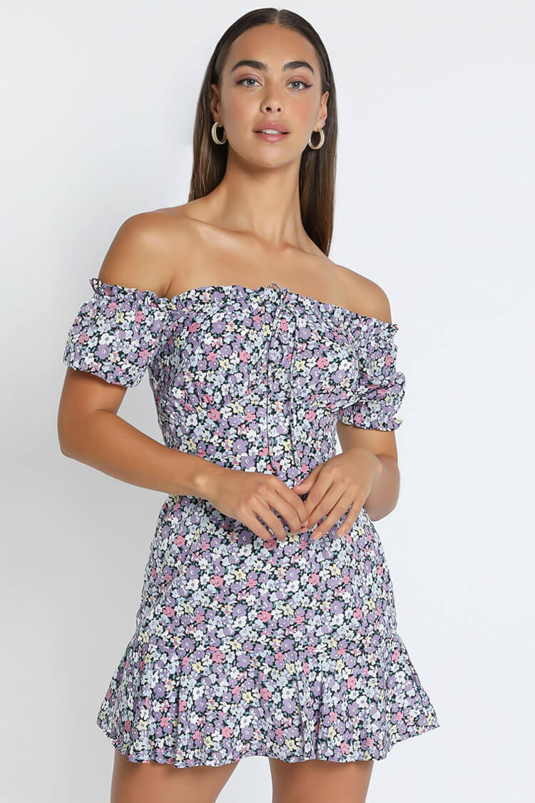 Purple Off-Shoulder Puff Sleeve Ditsy Floral Ruffle Hem Mini Dress