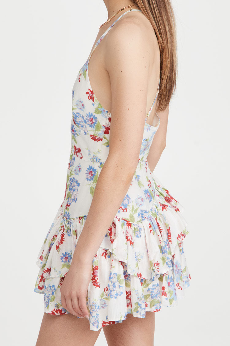 White V-Neck Spaghetti Strap Floral Print Tiered Ruffle Slip Mini Dress