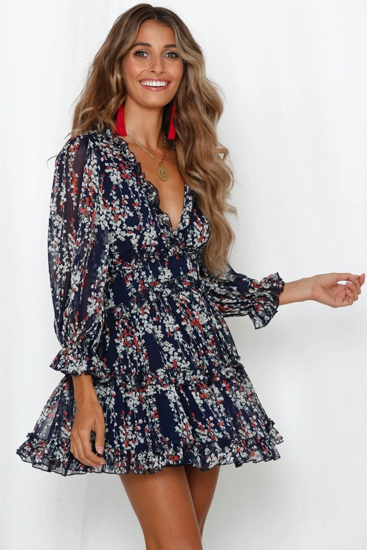 Navy Blue V-Neck Floral Print Ruffle Long Sleeve Chiffon A-Line Mini Dress
