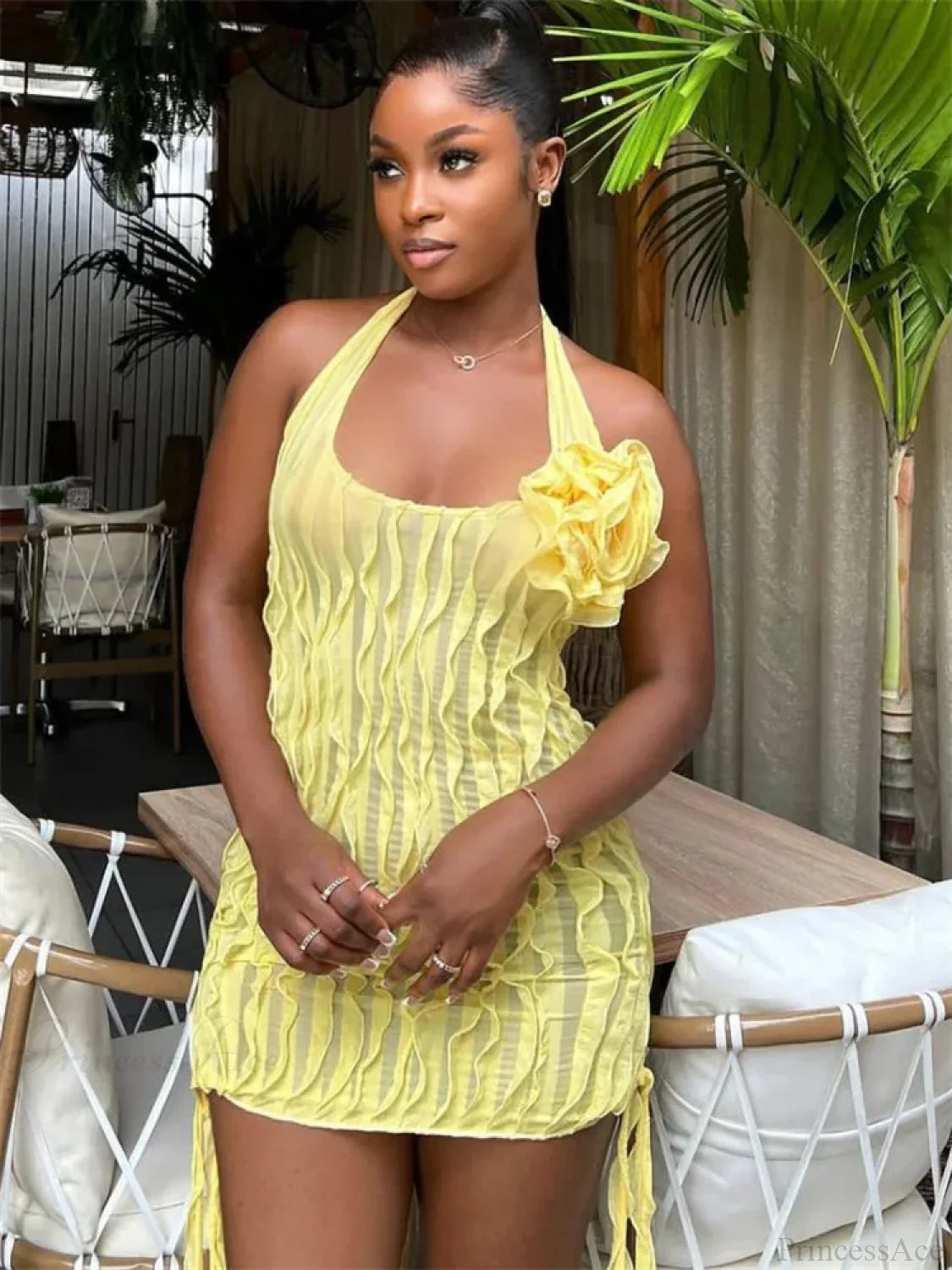 Floral See-Through Ruffled Mini Dress Yellow / S minidress-250223