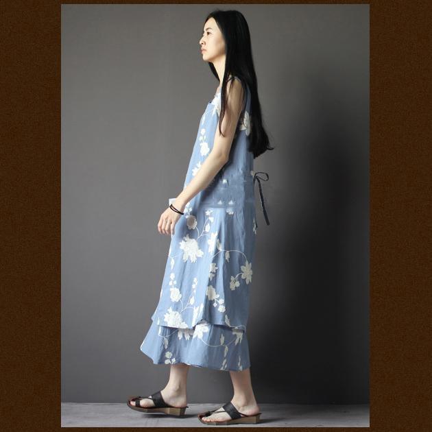 floral embroideried linen summer dress layered Navy cotton dress