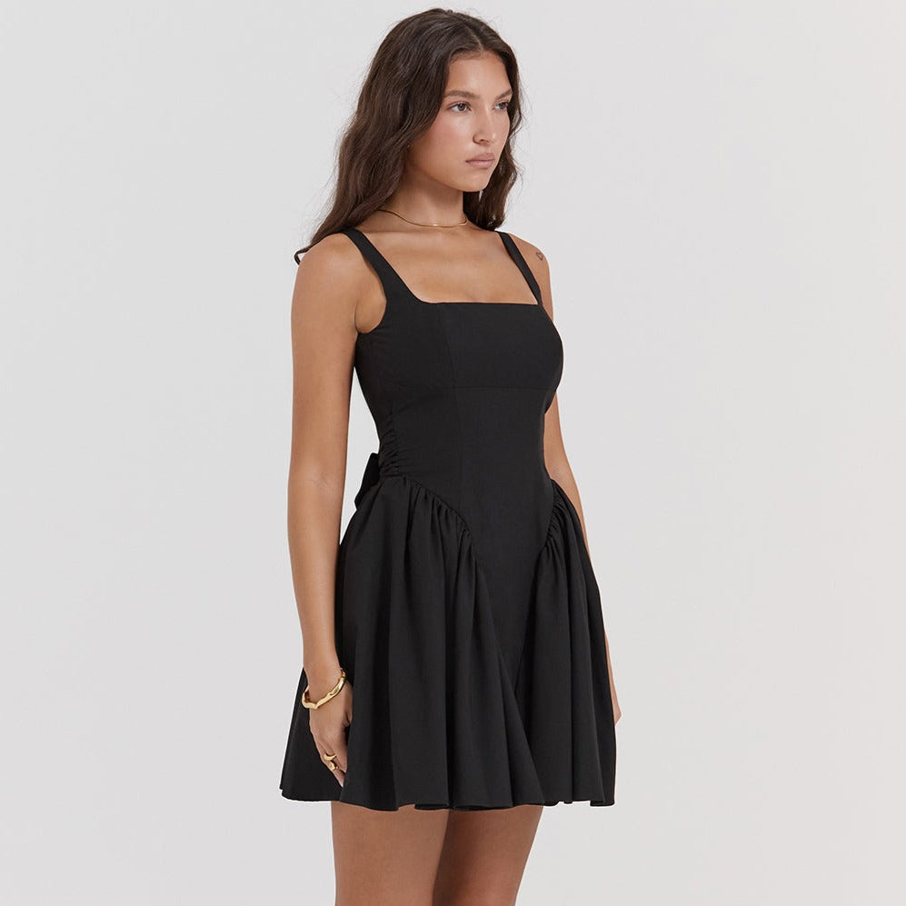 Open Back Oversized Bow Tie Flared Mini Dress