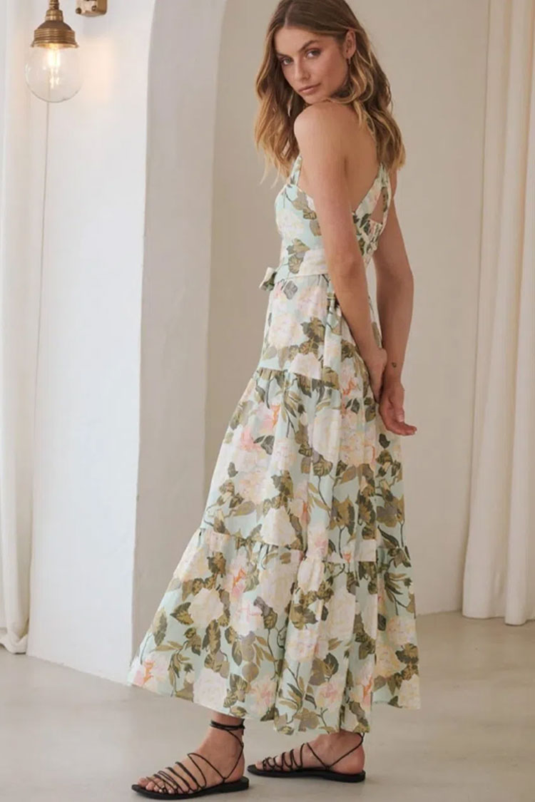 Floral Square Neck Floral Sleeveless Tie Waist Tiered Midi Dress
