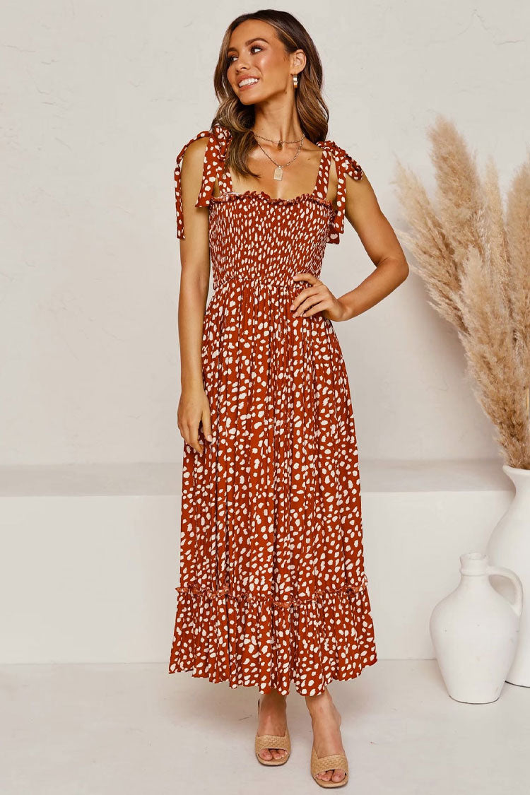 Rust Tie Strap Smocked Spotted Print Tiered Flowy Maxi Dress