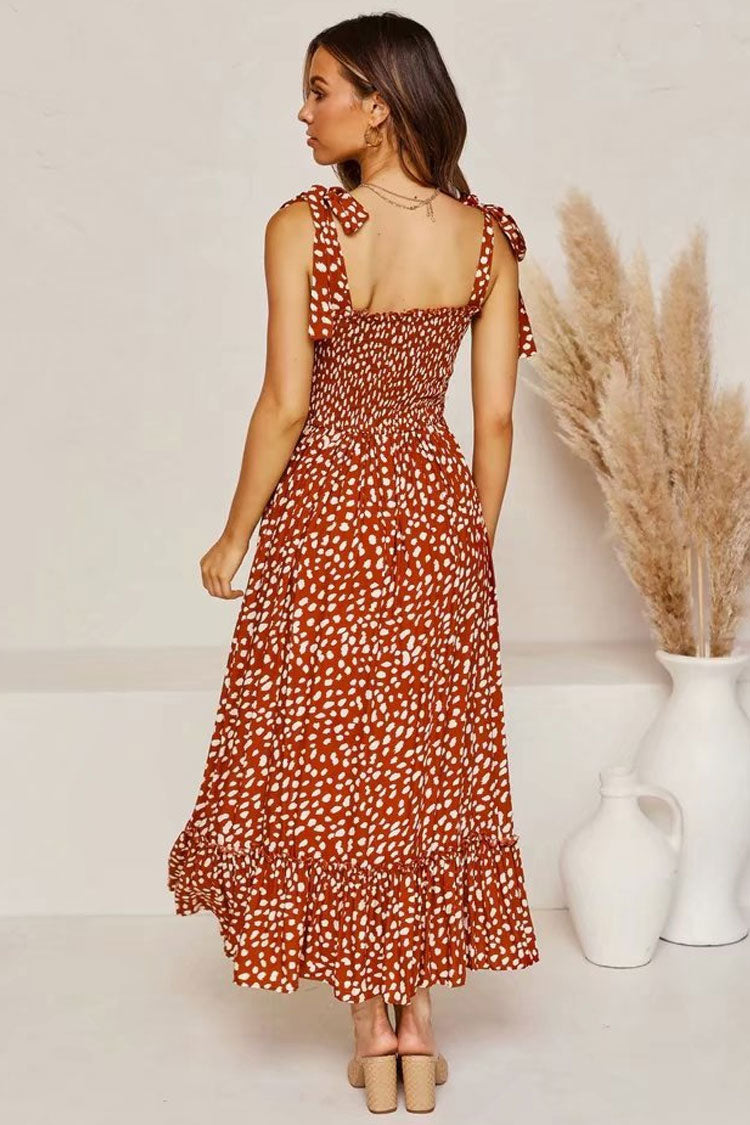 Rust Tie Strap Smocked Spotted Print Tiered Flowy Maxi Dress