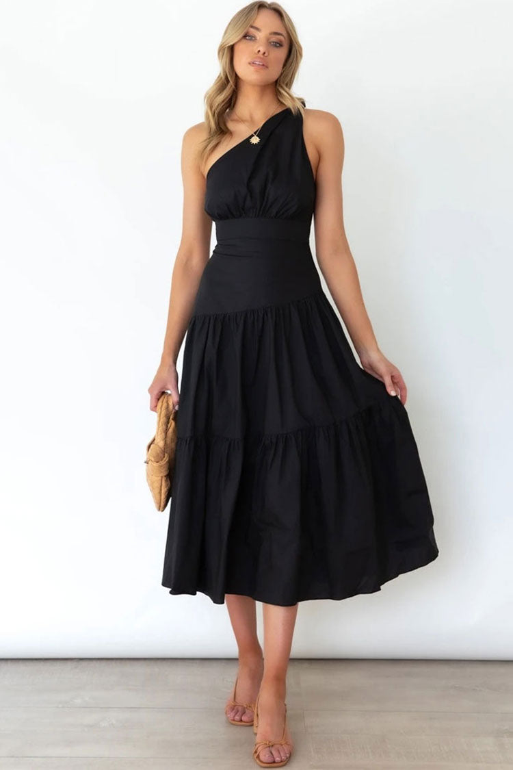 Black One Shoulder Tiered Cotton Fitted Waist Midi Dress