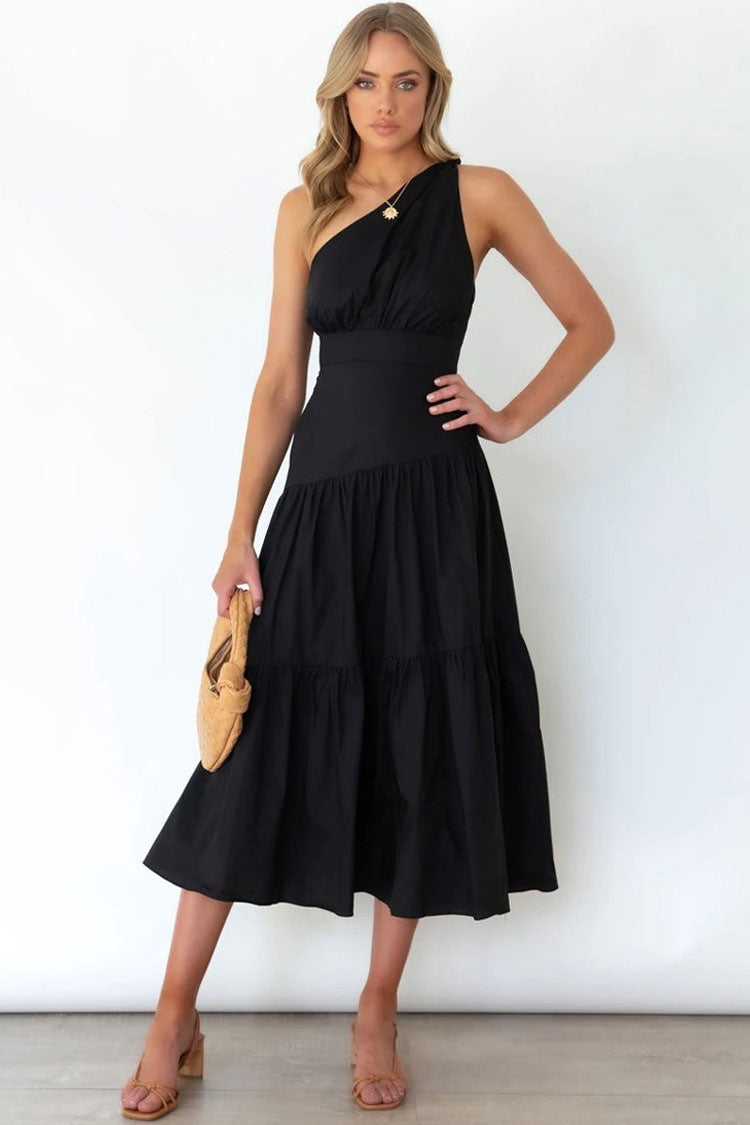 Black One Shoulder Tiered Cotton Fitted Waist Midi Dress