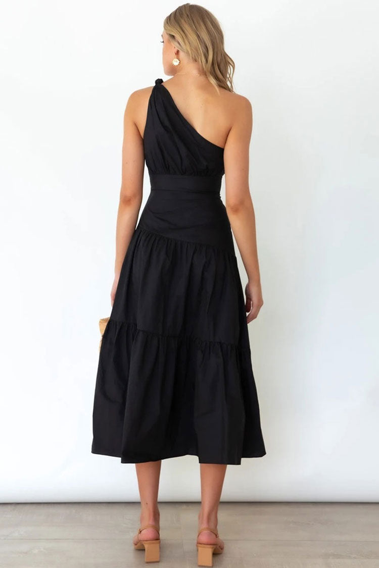 Black One Shoulder Tiered Cotton Fitted Waist Midi Dress