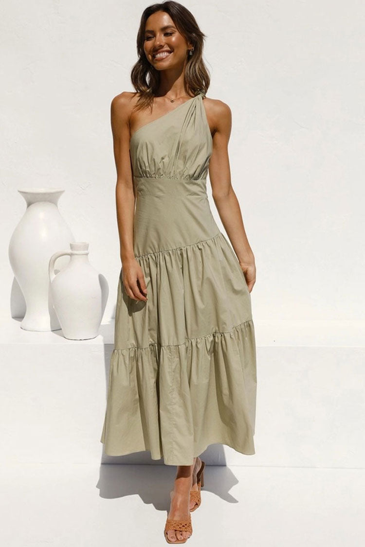 Green One Shoulder Tiered Cotton Fitted Waist Midi Dress