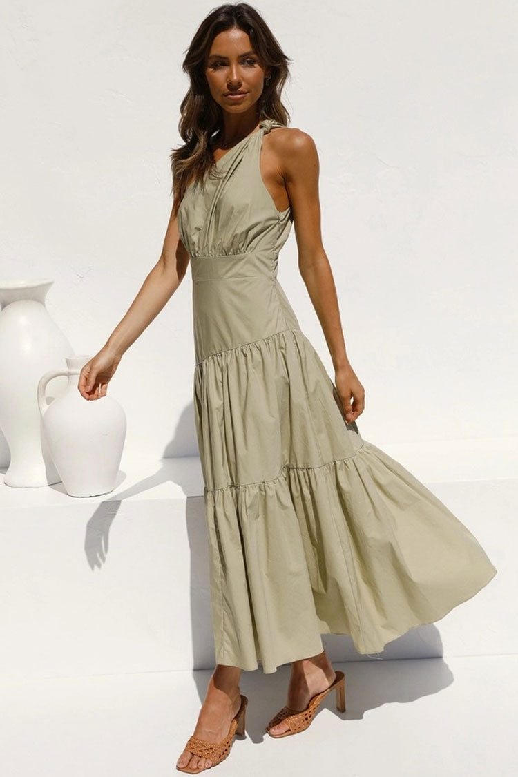 Green One Shoulder Tiered Cotton Fitted Waist Midi Dress