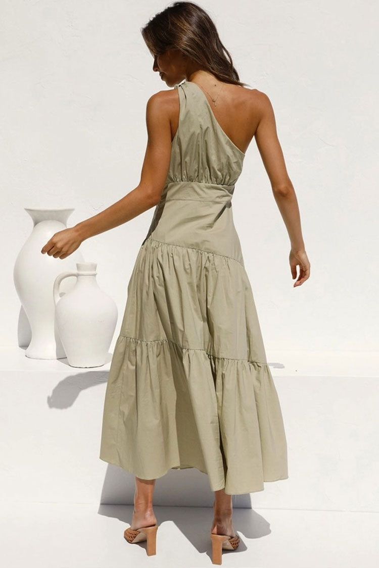 Green One Shoulder Tiered Cotton Fitted Waist Midi Dress