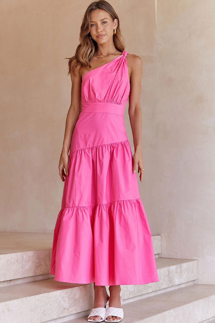 Rose One Shoulder Ruched Waist Tiered Flowy Maxi Dress
