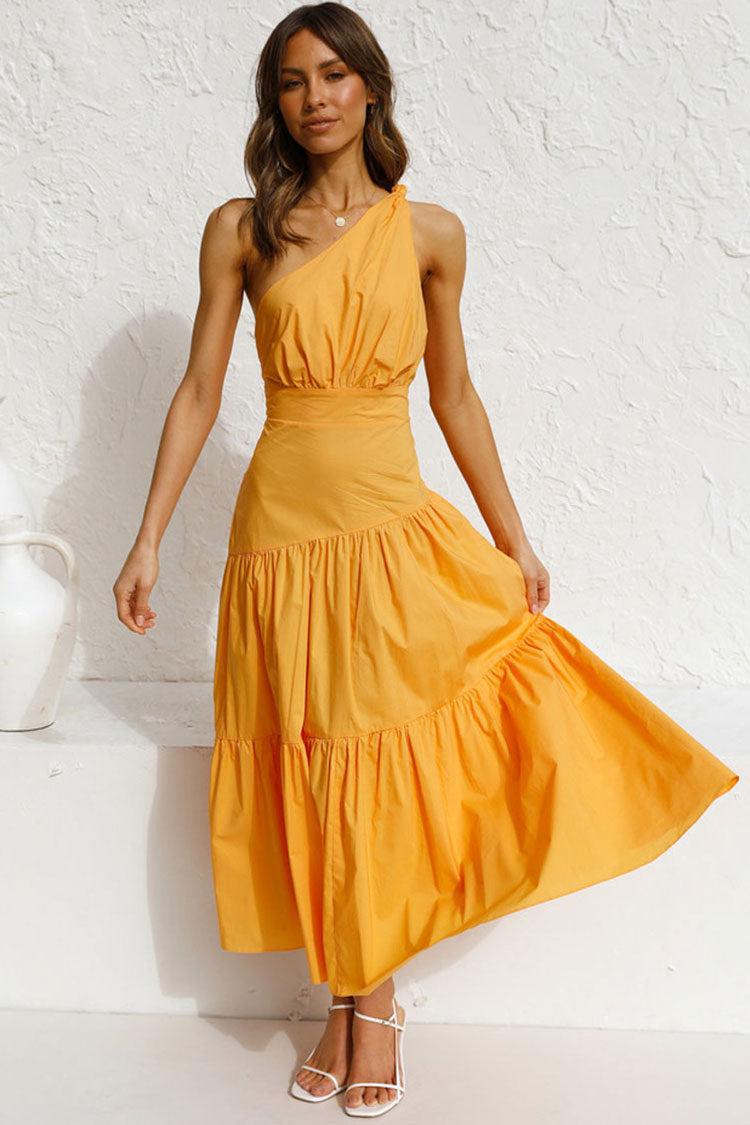 Yellow One Shoulder Ruched Waist Tiered Flowy Maxi Dress