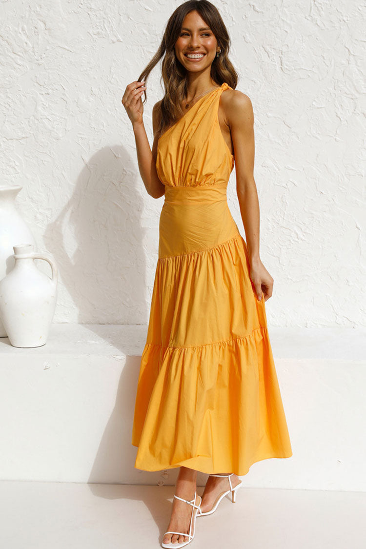 Flowy One Shoulder Tiered Beach Vacation Midi Dress - Yellow