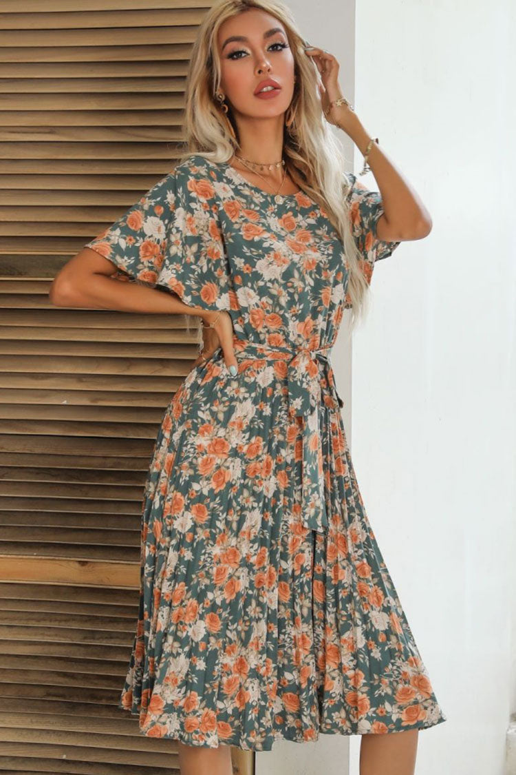 Floral Round Neck Flutter Sleeve Pleated Floral Print Belted A-Line Midi Dress 2