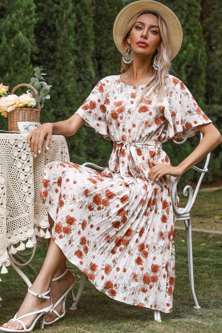 White Square Neck Flutter Sleeve Pleated Floral Print Belted A-Line Midi Dress