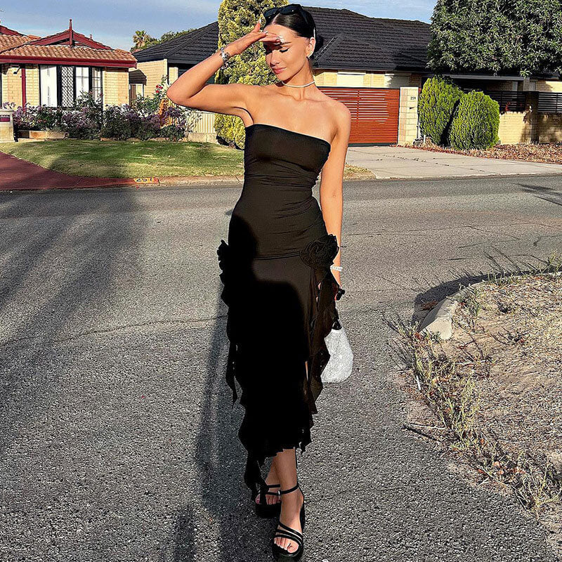 Black Strapless Flower Applique Ruffle Trim High Slit Flowy Maxi Dress