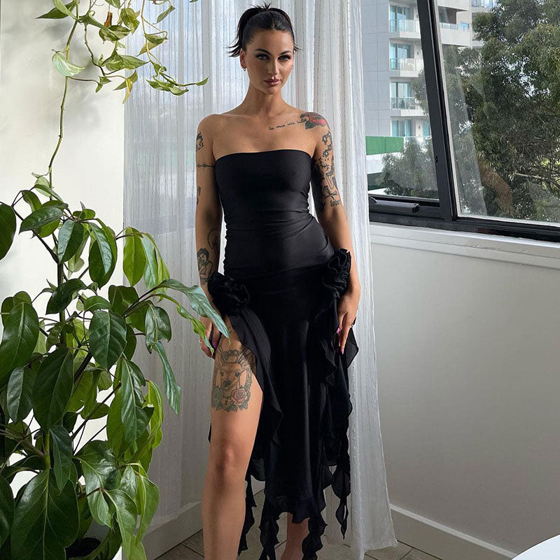 Black Strapless Flower Applique Ruffle Trim High Slit Flowy Maxi Dress