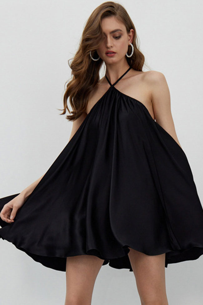 Black Halter Neck Sleeveless Satin Flowy Swing Mini Dress