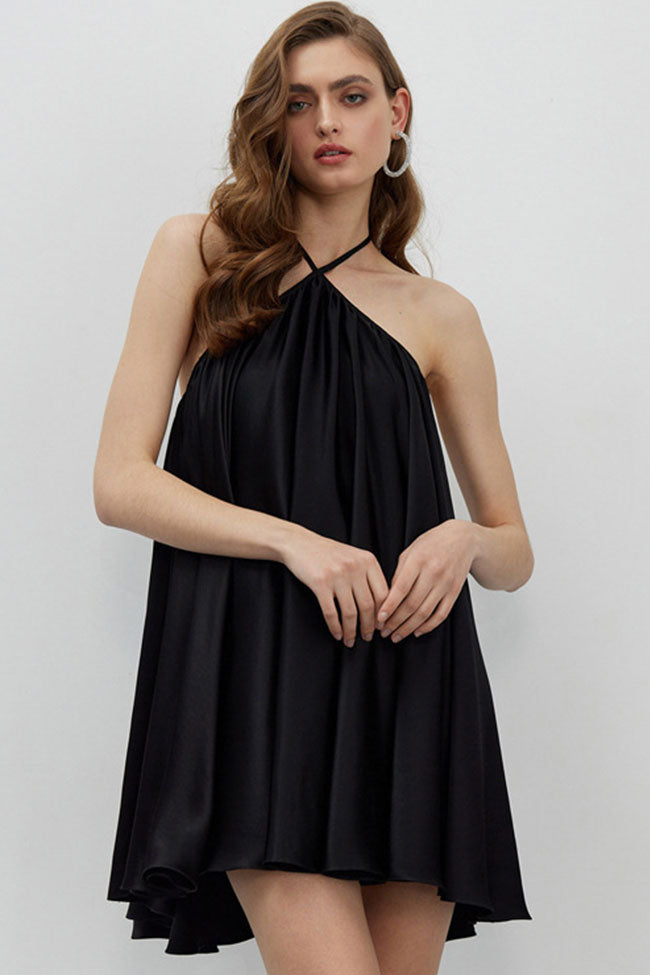 Black Halter Neck Sleeveless Satin Flowy Swing Mini Dress