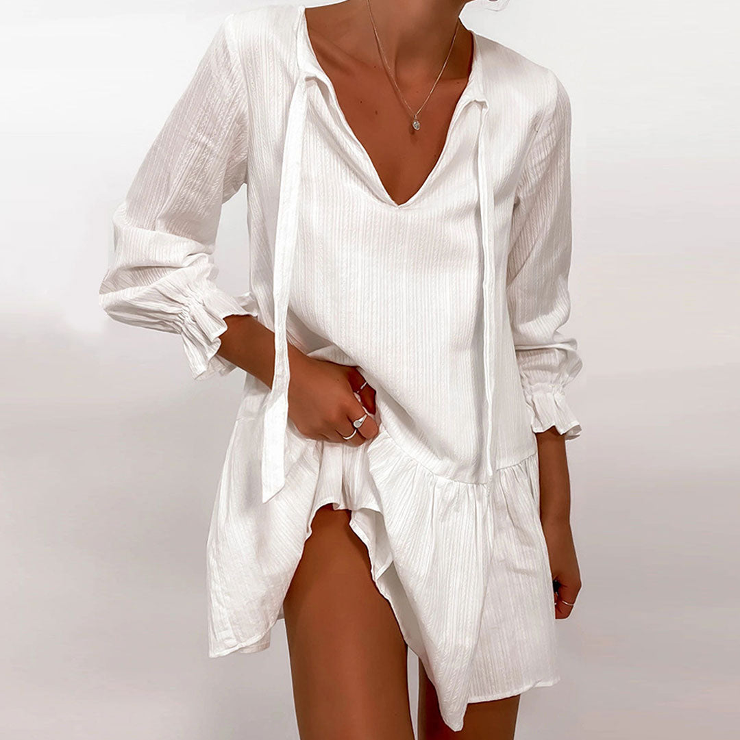 White Tie Neck Textured Ruffle Hem Long Sleeve Babydoll Mini Dress