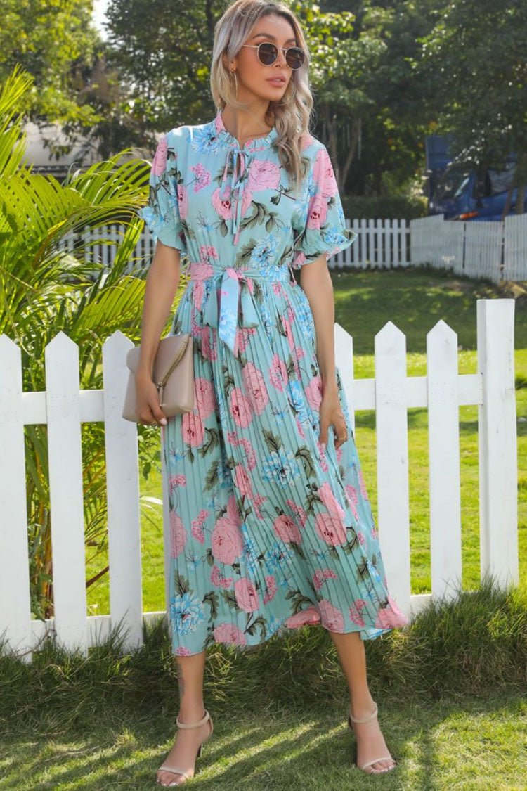 Lake Blue Tie Neck Puff Sleeve Floral Print Pleated Belted A-Line Midi Dress