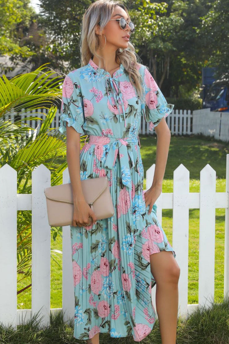 Lake Blue Tie Neck Puff Sleeve Floral Print Pleated Belted A-Line Midi Dress 2