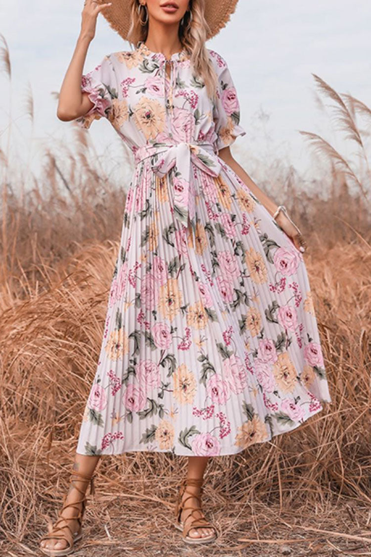 Pink Tie Neck Flutter Sleeve Floral Print Pleated A-Line Midi Dress