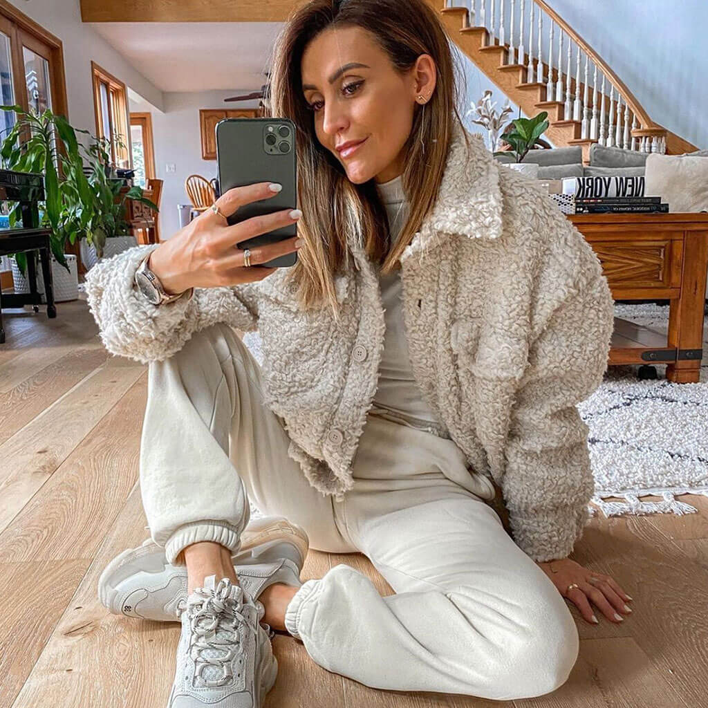 Beige Collared Button Down Long Sleeve Fluffy Sherpa Shacket