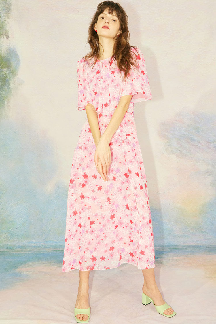Pink Round Neck Flutter Sleeve Floral Print High Slit Midi Dress