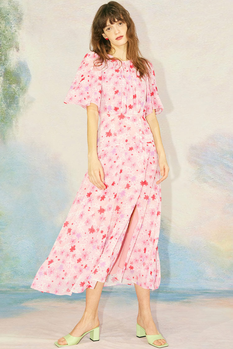 Pink Round Neck Flutter Sleeve Floral Print High Slit Midi Dress